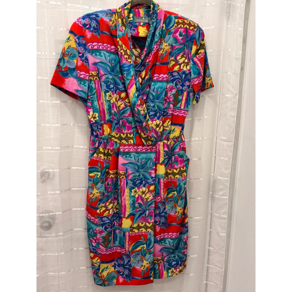 Liz Claiborne Vintage Tropical Floral Wrap Dress Short Sleeve Multicolor Size 12